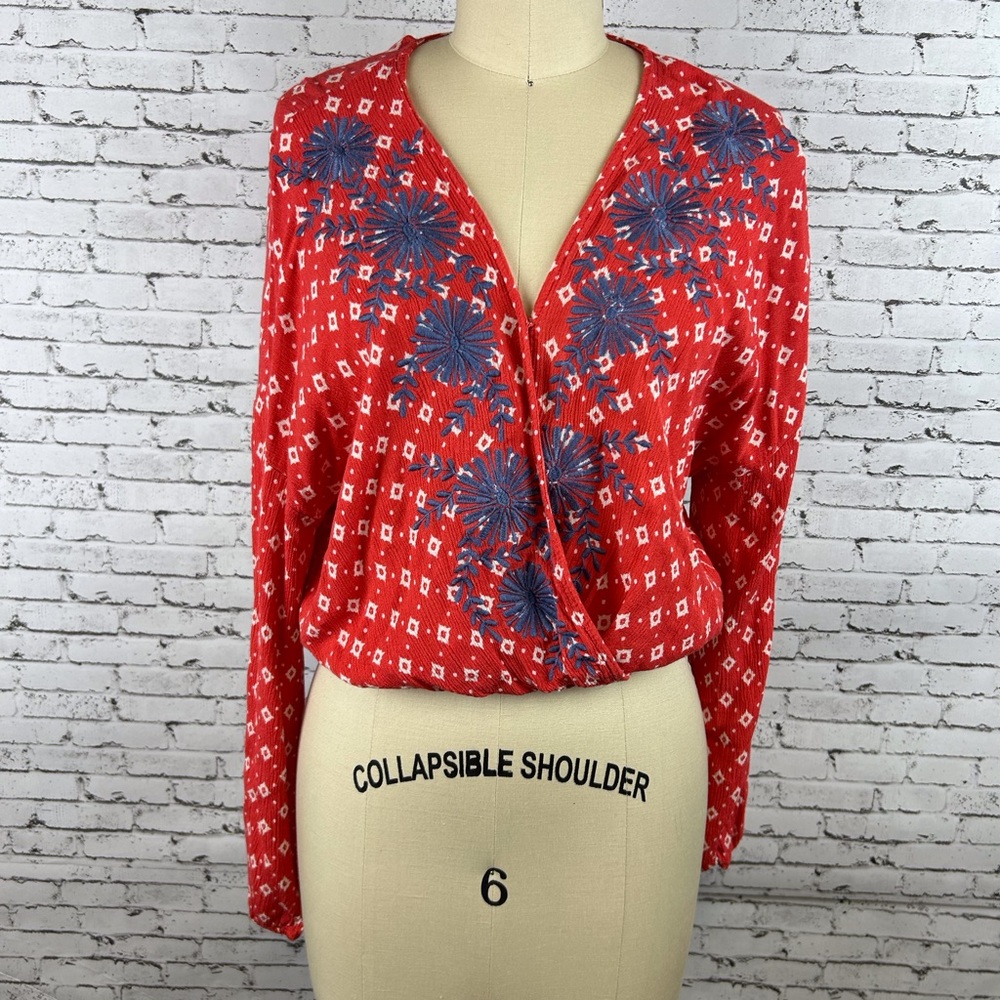 Chloe & Katie | Red and Blue Long Sleeve Flower Embroidered v neck Blouse size S